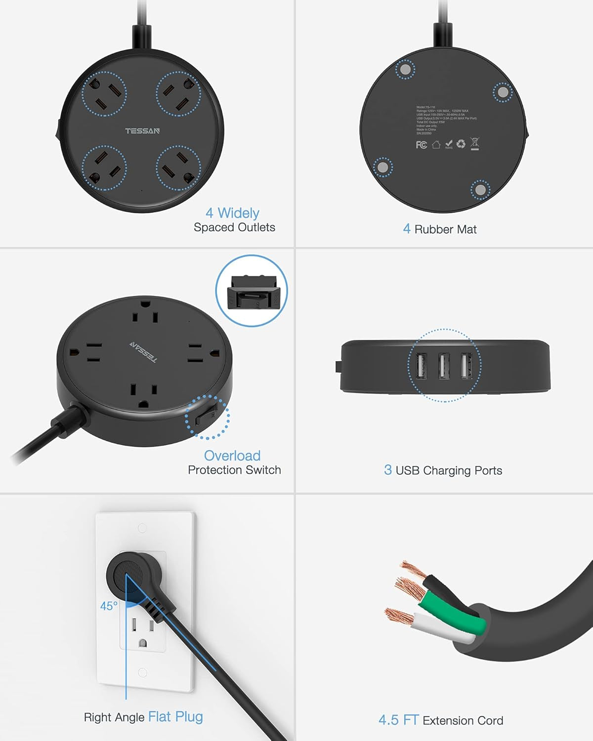 Cruise Power Strip with USB, Extension Cord with 4 Wide Spaced Outlets and 3 USB Ports, Cruise Ship Must Have Small Desk Charging Station Flat Plug 4.5Ft Extender for Travel, Dorm Room, Black