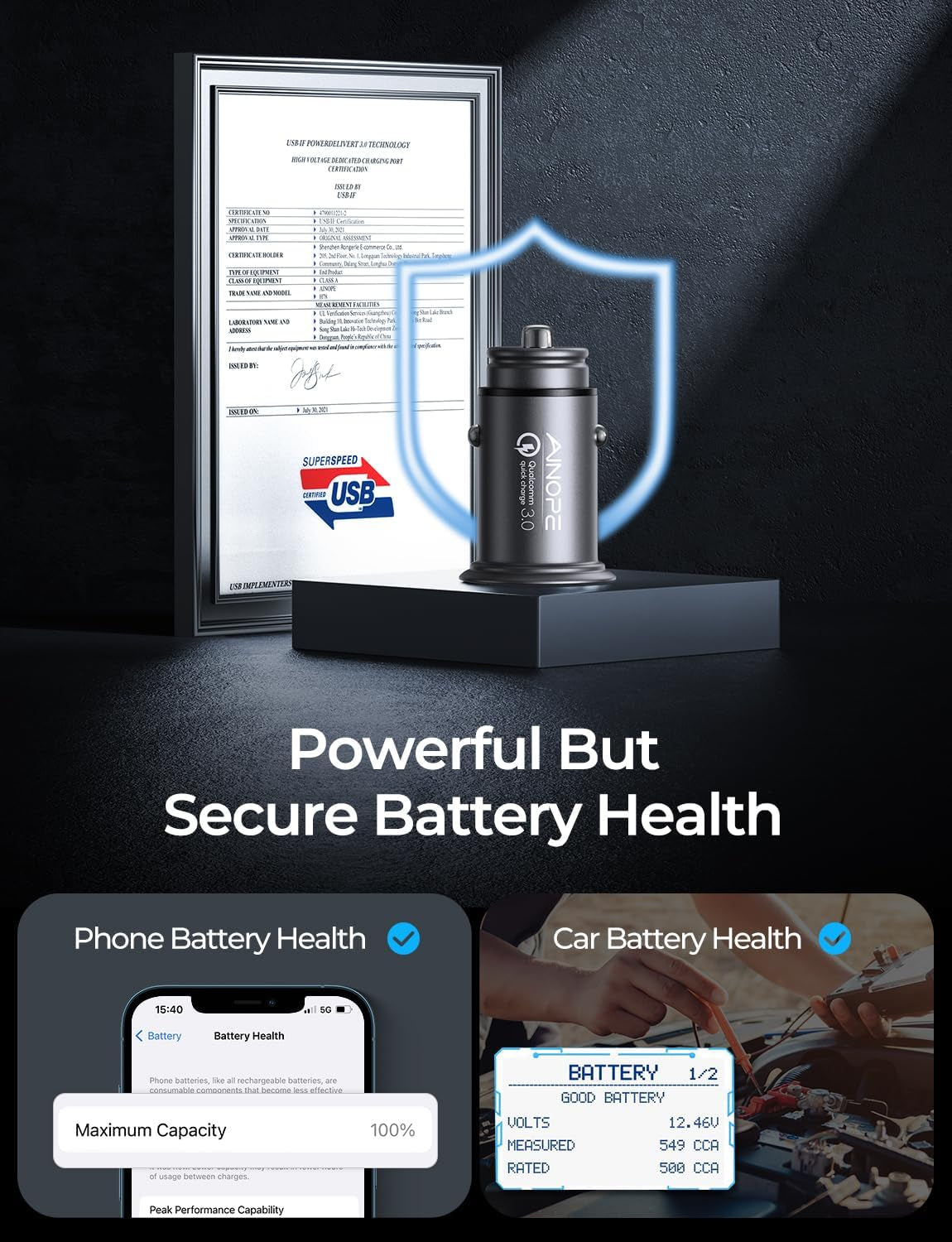 Fast Car Charger Fast Charge  USB Car Charger Adapter 36W All Metal Mini Cigarette Lighter USB Charger Quick Charge Compatible with Iphone 13/12/11 Pro/11/ X/8, Note 9/Galaxy S10/S9