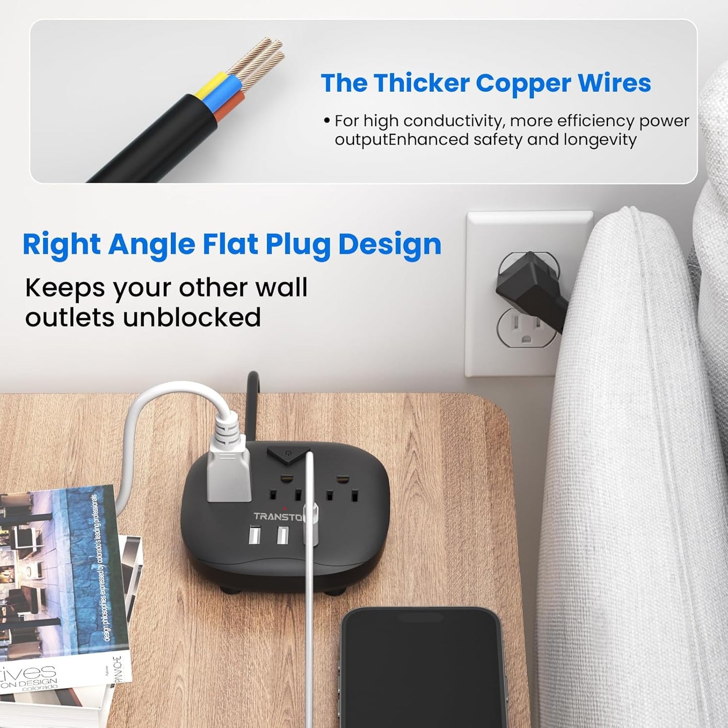 Power Strip 3 Outlets and 3 USB Ports with Switch Control, Desktop Charging Station with 5 Ft Extension Cord, Compact for Nightstand, Office and Travel - Black