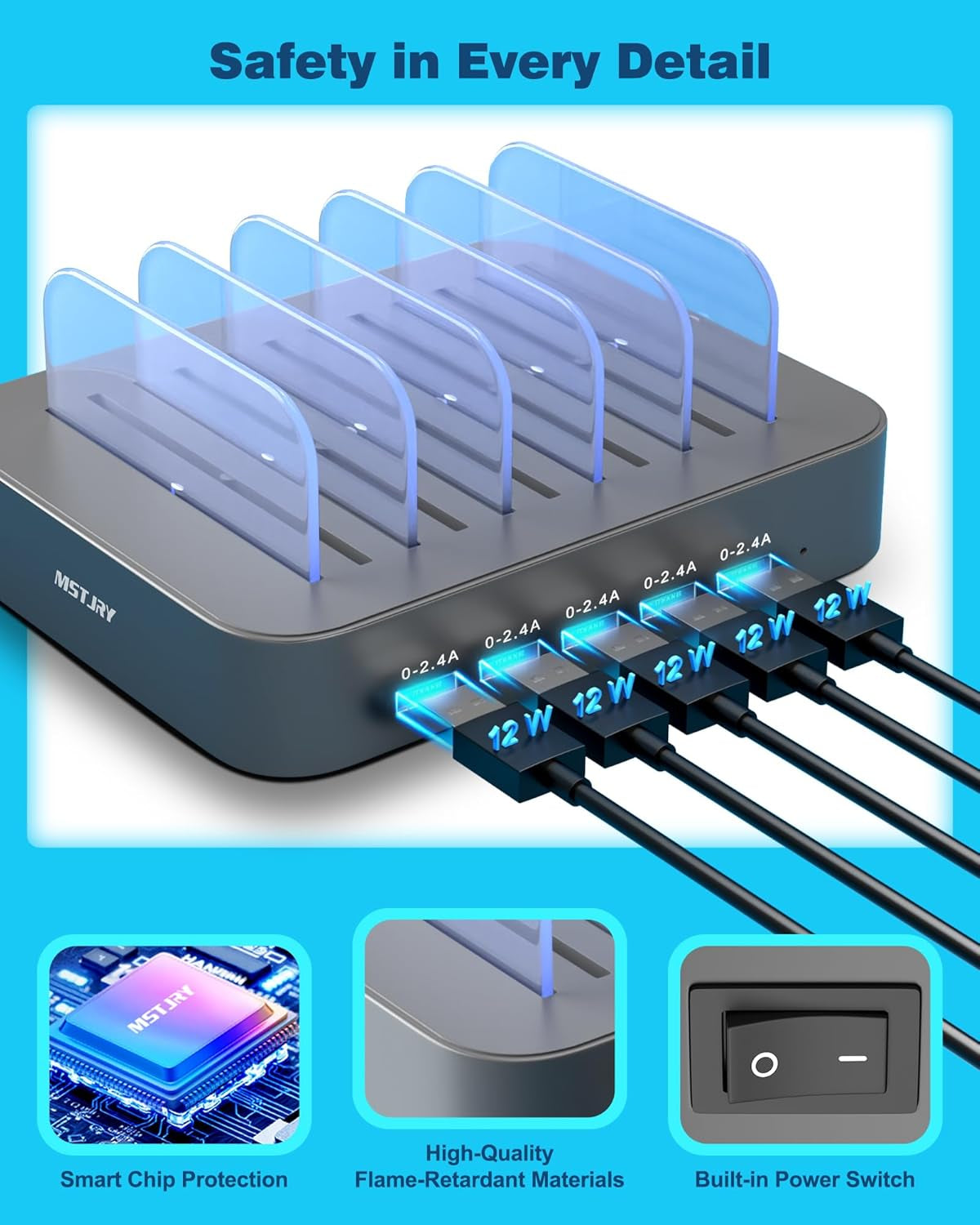 Charging Station for Multiple Devices : 5 Port Multi USB-A Charger Stations Multi-Device Organizer Charging Dock Designed for Iphone Ipad Cell Phone Tablets (7 Short Cables Included), Gray