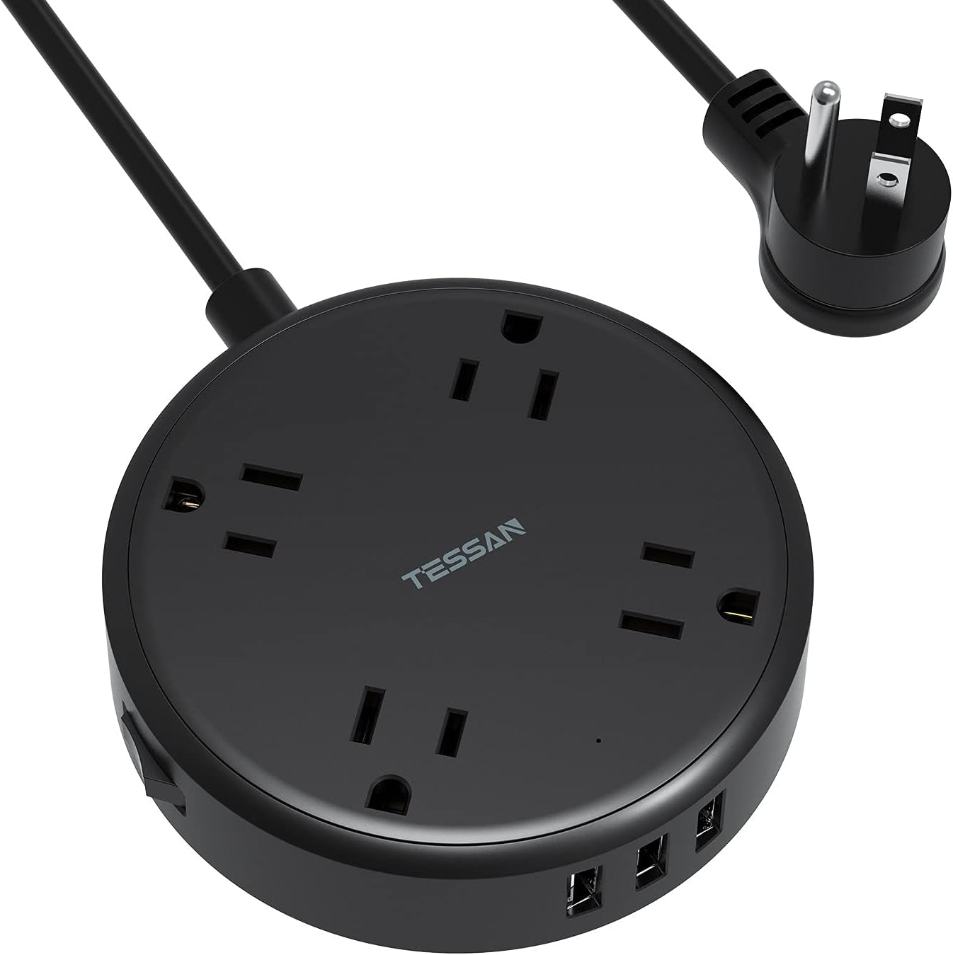 Cruise Power Strip with USB,  Extension Cord with 4 Wide Spaced Outlets and 3 USB Ports, Cruise Ship Must Have Small Desk Charging Station Flat Plug 4.5Ft Extender for Travel, Dorm Room, Black