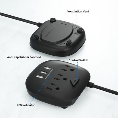 Power Strip 3 Outlets and 3 USB Ports with Switch Control, Desktop Charging Station with 5 Ft Extension Cord, Compact for Nightstand, Office and Travel - Black